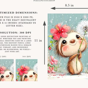 May include: A whimsical illustration of a smiling sloth holding a dandelion. The sloth is adorned with a floral crown of red hibiscus flowers. The artwork is set against a light blue background with falling white specks, and measures 8.5 x 11 inches.