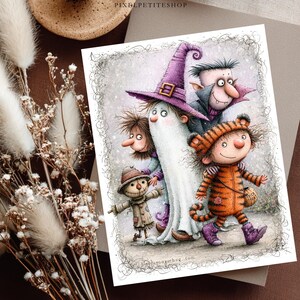 May include: A rectangular art print featuring a whimsical illustration of four characters in Halloween costumes: a scarecrow, a ghost in a purple hat, a vampire, and a child in a tiger suit holding a trick-or-treat bag, all set against a sketch-like background.