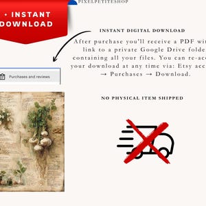 May include: A digital download graphic featuring botanical illustrations of herbs and garlic. The image includes text that reads "Instant Download" and "No physical item shipped."