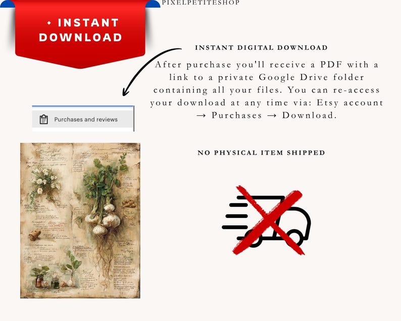 May include: A digital download graphic featuring botanical illustrations of herbs and garlic. The image includes text that reads "Instant Download" and "No physical item shipped."