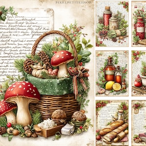 Puede incluir: Una impresi&oacute;n art&iacute;stica digital que presenta una cesta r&uacute;stica llena de setas de sombrero rojo, pi&ntilde;as y vegetaci&oacute;n. La imagen incluye varias ilustraciones m&aacute;s peque&ntilde;as de hierbas, especias y productos horneados, todo sobre un fondo de papel vintage. El texto "PIXELPETITESHOP" es visible.