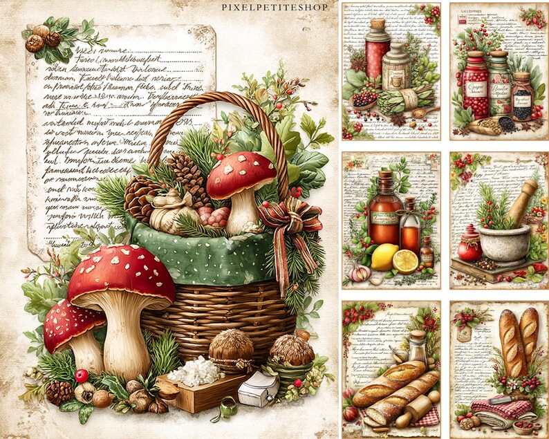 Puede incluir: Una impresi&oacute;n art&iacute;stica digital que presenta una cesta r&uacute;stica llena de setas de sombrero rojo, pi&ntilde;as y vegetaci&oacute;n. La imagen incluye varias ilustraciones m&aacute;s peque&ntilde;as de hierbas, especias y productos horneados, todo sobre un fondo de papel vintage. El texto "PIXELPETITESHOP" es visible.