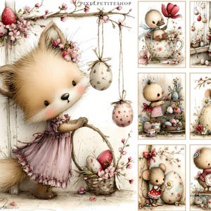 May include: A collection of whimsical Easter-themed illustrations. The main image features a cute fox in a pink dress, holding a basket of eggs. Other images include a duckling in a teacup, a bunny, and mice, all with Easter eggs and floral accents.