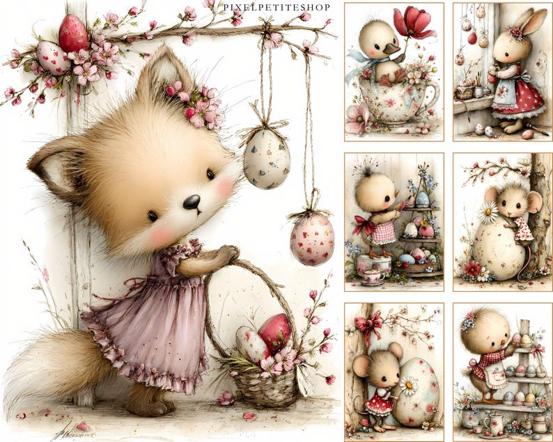May include: A collection of whimsical Easter-themed illustrations. The main image features a cute fox in a pink dress, holding a basket of eggs. Other images include a duckling in a teacup, a bunny, and mice, all with Easter eggs and floral accents.