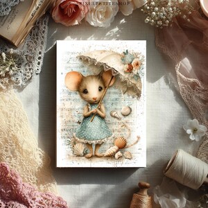 May include: A whimsical illustration of a mouse holding an umbrella, wearing a blue polka-dot dress. Seashells are scattered around the mouse. The umbrella is beige with floral accents. The background has a vintage, musical score design.