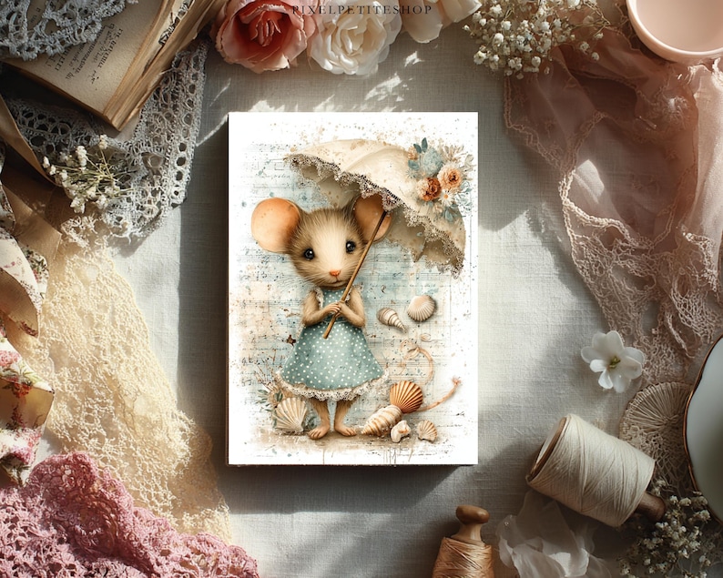 May include: A whimsical illustration of a mouse holding an umbrella, wearing a blue polka-dot dress. Seashells are scattered around the mouse. The umbrella is beige with floral accents. The background has a vintage, musical score design.