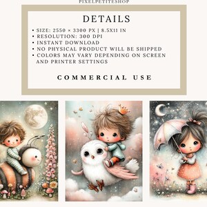 May include: Digital art prints featuring whimsical illustrations of children with animals. One image shows a child riding a bee, another on an owl, and a third holding an umbrella. The prints have a soft, watercolor style.