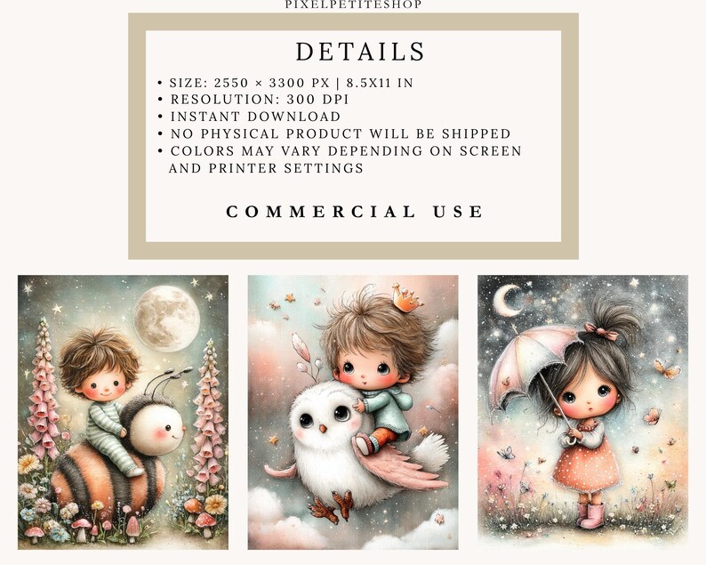 May include: Digital art prints featuring whimsical illustrations of children with animals. One image shows a child riding a bee, another on an owl, and a third holding an umbrella. The prints have a soft, watercolor style.