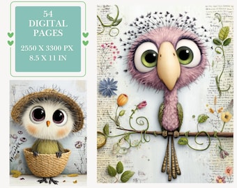 Páginas digitales para diario creativo con motivos de pájaros (descarga digital)