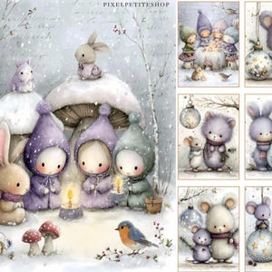 Puede incluir: Ilustraciones en acuarela de criaturas del bosque y gnomos en una escena nevada. La obra presenta conejos, ratones y gnomos con bufandas y sombreros, reunidos alrededor de una vela y una seta. La paleta de colores incluye tonos pastel suaves y tonos invernales.