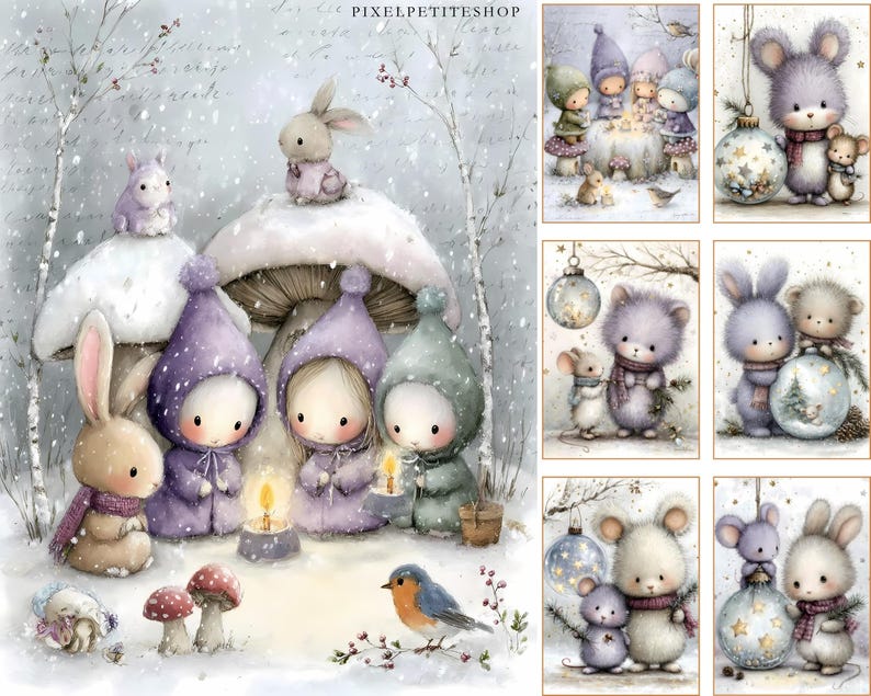 Puede incluir: Ilustraciones en acuarela de criaturas del bosque y gnomos en una escena nevada. La obra presenta conejos, ratones y gnomos con bufandas y sombreros, reunidos alrededor de una vela y una seta. La paleta de colores incluye tonos pastel suaves y tonos invernales.