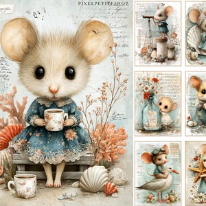 May include: A whimsical illustration features a mouse in a blue floral dress holding a teacup. The artwork includes seashells, coral, and a vintage aesthetic. Additional images show mice in various seaside scenes.