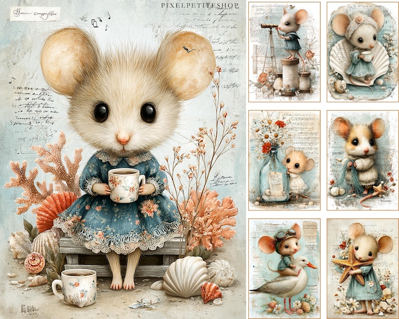 May include: A whimsical illustration features a mouse in a blue floral dress holding a teacup. The artwork includes seashells, coral, and a vintage aesthetic. Additional images show mice in various seaside scenes.