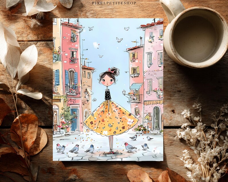 May include: A whimsical illustration print featuring a central figure with a dark polka-dot top and a voluminous yellow floral skirt standing on a cobblestone street. The scene is framed by tall pink and beige buildings with balconies and birds.