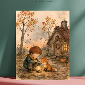 Op de afbeelding: Een digitale illustratie van een kind in een donkergroene jas en gele sjaal dat hurkt om een brandende lantaarn vast te houden naast een kleine vos. De sc&egrave;ne bevat een stenen huisje met een schoorsteen, herfstbomen en een pompoen.