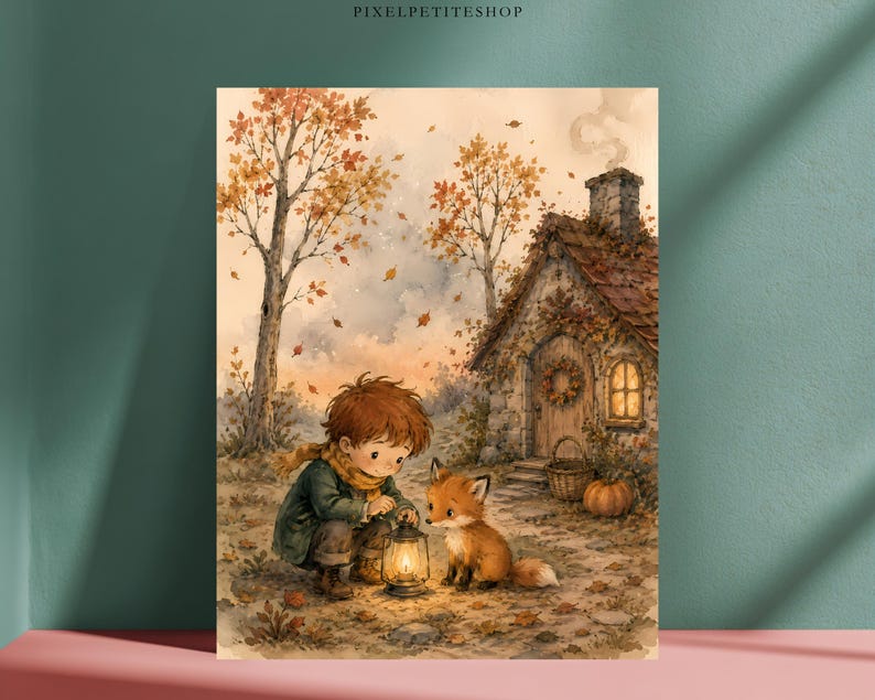 Op de afbeelding: Een digitale illustratie van een kind in een donkergroene jas en gele sjaal dat hurkt om een brandende lantaarn vast te houden naast een kleine vos. De sc&egrave;ne bevat een stenen huisje met een schoorsteen, herfstbomen en een pompoen.