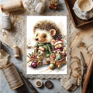 May include: A whimsical illustration of a hedgehog and a mouse in winter attire, pulling carts filled with Christmas ornaments and gifts. The hedgehog wears a green scarf, and the mouse dons a festive hat. The scene is set against a snowy backdrop, evoking a cozy holiday theme.