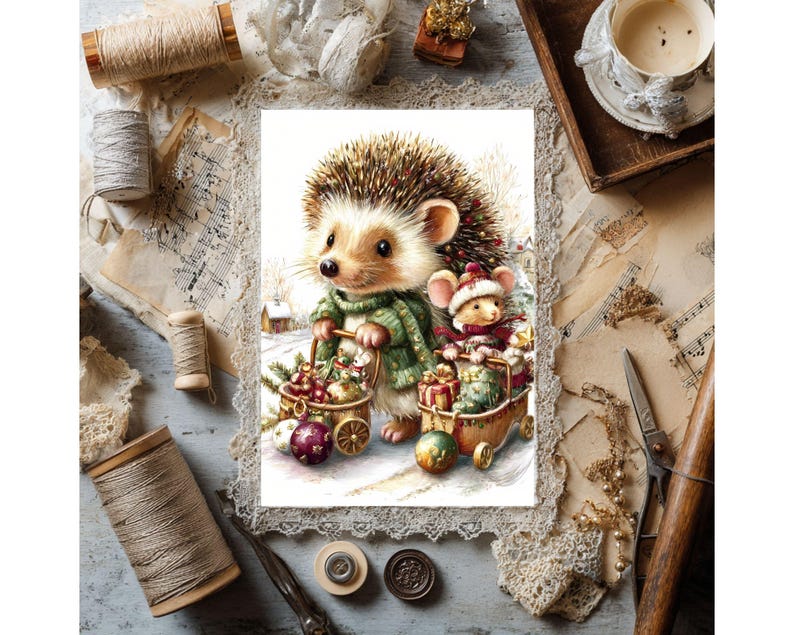May include: A whimsical illustration of a hedgehog and a mouse in winter attire, pulling carts filled with Christmas ornaments and gifts. The hedgehog wears a green scarf, and the mouse dons a festive hat. The scene is set against a snowy backdrop, evoking a cozy holiday theme.