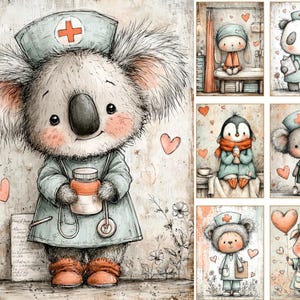 May include: Watercolor illustration of a koala wearing a nurse's uniform and cap with a red cross, holding a medicine bottle and stethoscope. The image has a vintage, soft color palette with hearts and floral accents. Other animal characters in nurse uniforms are also shown.
