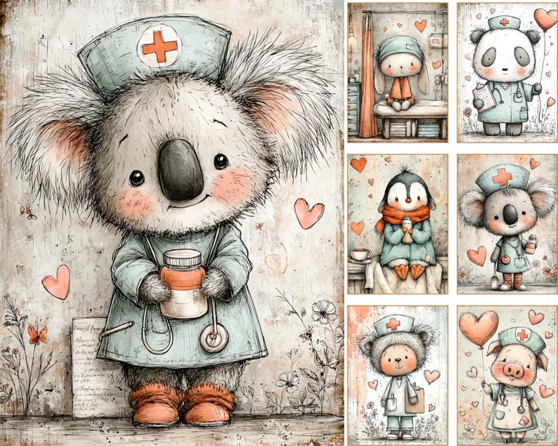 May include: Watercolor illustration of a koala wearing a nurse's uniform and cap with a red cross, holding a medicine bottle and stethoscope. The image has a vintage, soft color palette with hearts and floral accents. Other animal characters in nurse uniforms are also shown.