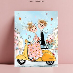 May include: A digital illustration print featuring two figures riding a yellow scooter through a city street. One figure wears a pink floral dress, and the other wears a black jacket and scarf. The background shows buildings and floating hearts.