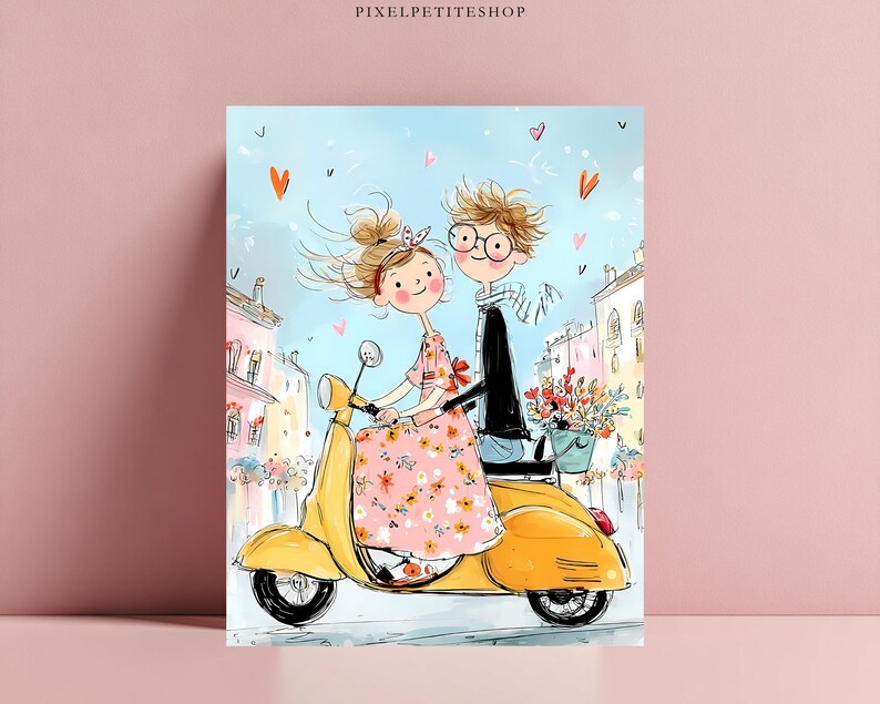 May include: A digital illustration print featuring two figures riding a yellow scooter through a city street. One figure wears a pink floral dress, and the other wears a black jacket and scarf. The background shows buildings and floating hearts.