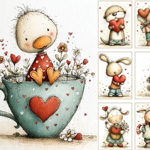 May include: Watercolour illustrations of cute animals holding hearts. A duckling sits in a teal teacup filled with flowers and hearts. Other images include an otter, elephant, bunny, bear, cow, and sheep, all with hearts.