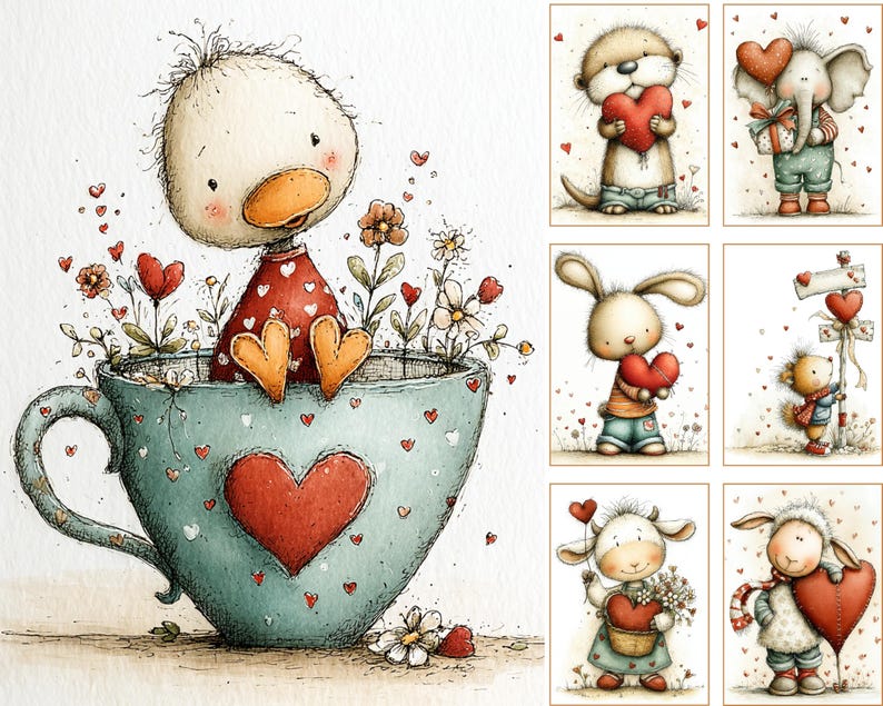 May include: Watercolour illustrations of cute animals holding hearts. A duckling sits in a teal teacup filled with flowers and hearts. Other images include an otter, elephant, bunny, bear, cow, and sheep, all with hearts.