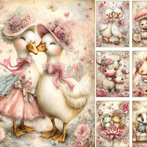 K&ouml;nnte beinhalten: Eine Sammlung skurriler Illustrationen mit Paaren entz&uuml;ckender Tiere. Die Kunstwerke zeigen zwei Enten mit H&uuml;ten und Kleidern sowie andere Tierpaare wie M&auml;use, Hasen, K&uuml;he, Fr&ouml;sche und Dachse, alle umgeben von Blumen und Schmetterlingen.