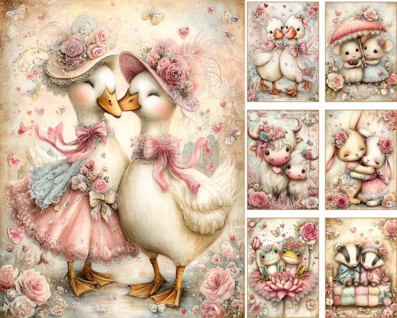 K&ouml;nnte beinhalten: Eine Sammlung skurriler Illustrationen mit Paaren entz&uuml;ckender Tiere. Die Kunstwerke zeigen zwei Enten mit H&uuml;ten und Kleidern sowie andere Tierpaare wie M&auml;use, Hasen, K&uuml;he, Fr&ouml;sche und Dachse, alle umgeben von Blumen und Schmetterlingen.