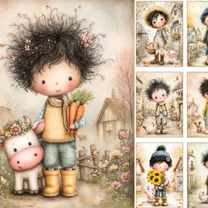 May include: A whimsical illustration features a child with dark, curly hair adorned with flowers, holding carrots and standing with a cow wearing a floral crown. The scene is set in a rural landscape with a house and flowers.