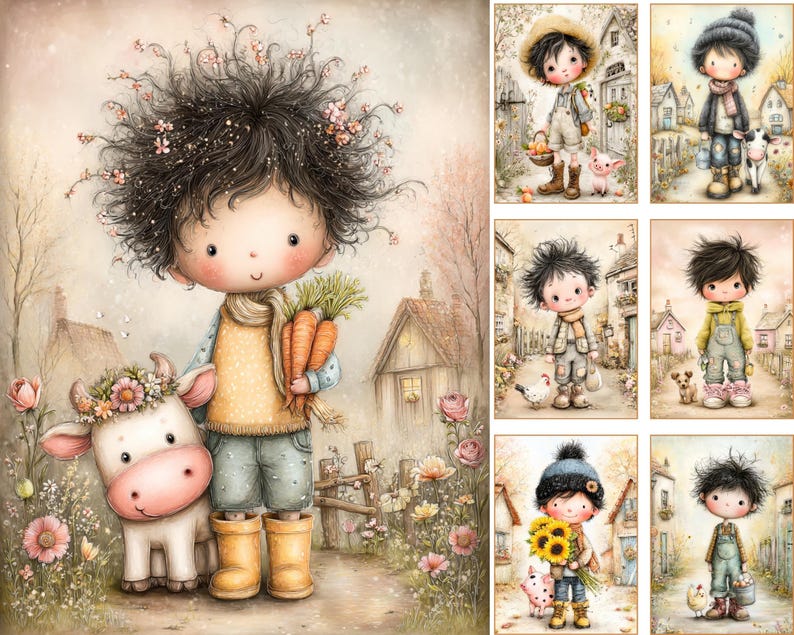 May include: A whimsical illustration features a child with dark, curly hair adorned with flowers, holding carrots and standing with a cow wearing a floral crown. The scene is set in a rural landscape with a house and flowers.