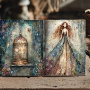 May include: An open book featuring two illustrated pages. The left page displays a golden birdcage containing clocks against a teal and blue background. The right page shows a figure with long wavy hair wearing a flowing gown in shades of blue, green, and gold, surrounded by a soft, ethereal light.