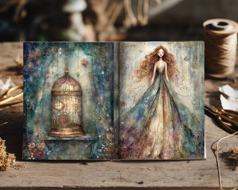 May include: An open book featuring two illustrated pages. The left page displays a golden birdcage containing clocks against a teal and blue background. The right page shows a figure with long wavy hair wearing a flowing gown in shades of blue, green, and gold, surrounded by a soft, ethereal light.