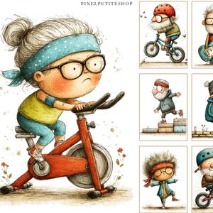 May include: Watercolor illustration of a person with glasses and a blue headband riding a stationary bike. The bike is red. Additional illustrations show similar characters engaged in various activities, including cycling, playing guitar, and exercising.