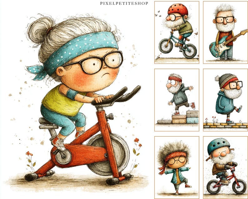 May include: Watercolor illustration of a person with glasses and a blue headband riding a stationary bike. The bike is red. Additional illustrations show similar characters engaged in various activities, including cycling, playing guitar, and exercising.