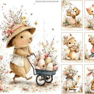 May include: Watercolor illustration featuring a capybara pushing a blue wheelbarrow filled with decorated Easter eggs. The capybara wears a straw hat and apron, surrounded by flowers and butterflies. Additional images show other animals with Easter baskets.
