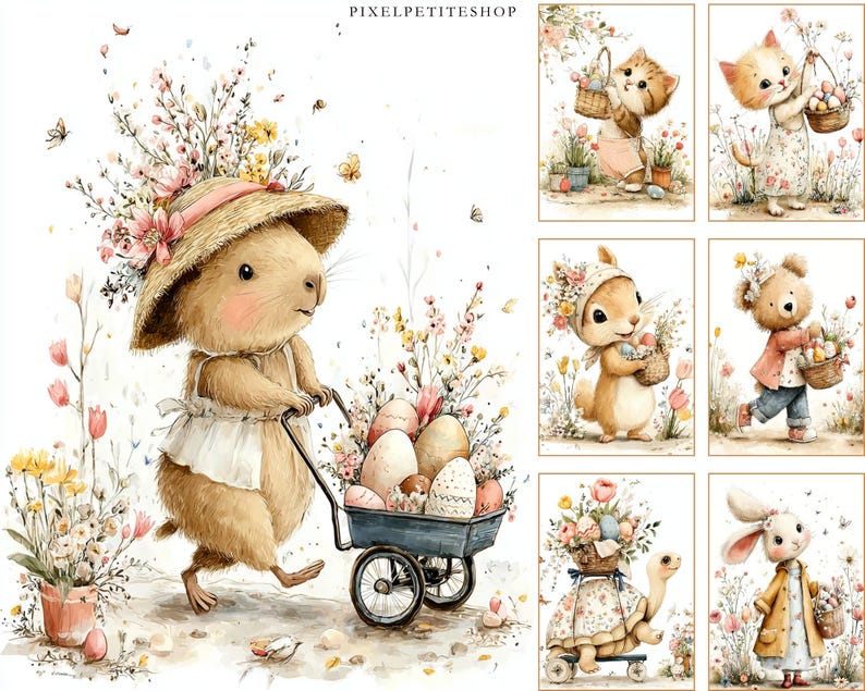 May include: Watercolor illustration featuring a capybara pushing a blue wheelbarrow filled with decorated Easter eggs. The capybara wears a straw hat and apron, surrounded by flowers and butterflies. Additional images show other animals with Easter baskets.