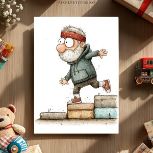 May include: A watercolor print depicts a cartoon man in a gray hoodie and red headband stepping up on blocks. The image has a whimsical style, with a focus on fitness and an active lifestyle. The print is on a white background.