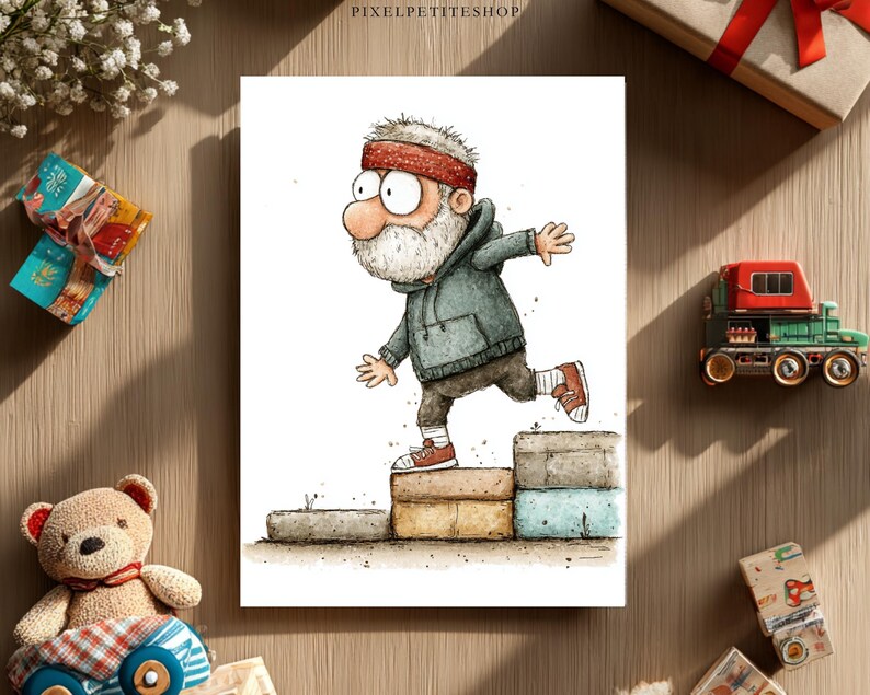 May include: A watercolor print depicts a cartoon man in a gray hoodie and red headband stepping up on blocks. The image has a whimsical style, with a focus on fitness and an active lifestyle. The print is on a white background.