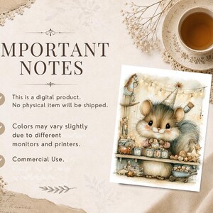 May include: A digital product listing featuring the text IMPORTANT NOTES, This is a digital product. No physical item will be shipped., Colors may vary slightly due to different monitors and printers., and Commercial Use. Next to it is a watercolor illustration of a fluffy squirrel wearing a party hat, holding blocks with letters, surrounded by toys on a shelf.