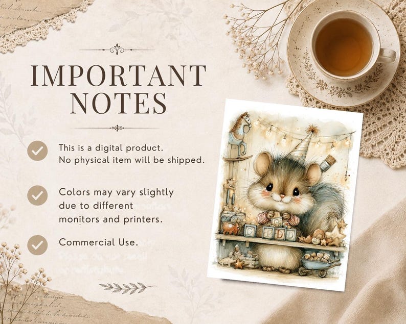 May include: A digital product listing featuring the text IMPORTANT NOTES, This is a digital product. No physical item will be shipped., Colors may vary slightly due to different monitors and printers., and Commercial Use. Next to it is a watercolor illustration of a fluffy squirrel wearing a party hat, holding blocks with letters, surrounded by toys on a shelf.