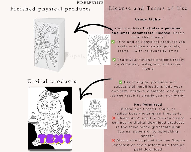 May include: An informational graphic titled PIXELPETITE detailing license and terms of use for digital products. It features a spider illustration for finished physical products and an owl illustration for digital products, with text outlining usage rights and restrictions.