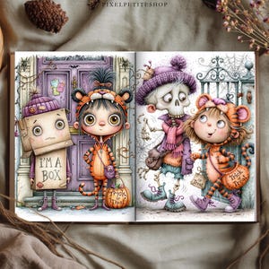 May include: An open book featuring two illustrations. The left page shows a child in a cardboard box costume labeled I'M A BOX and a child in a tiger costume with a pumpkin bucket. The right page shows a skeleton and a child in a tiger costume.