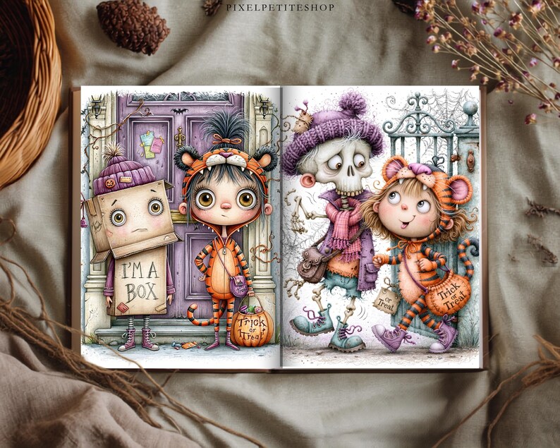 May include: An open book featuring two illustrations. The left page shows a child in a cardboard box costume labeled I'M A BOX and a child in a tiger costume with a pumpkin bucket. The right page shows a skeleton and a child in a tiger costume.