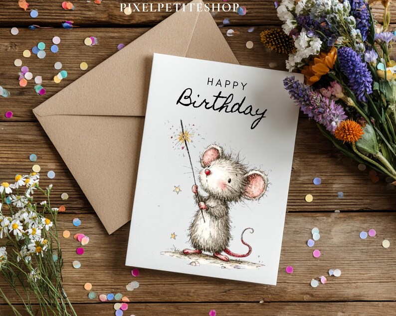 May include: A birthday card with a cute mouse illustration holding a sparkler. The card reads "Happy Birthday" in elegant script. A brown envelope and a bouquet of flowers are next to the card on a wooden surface.