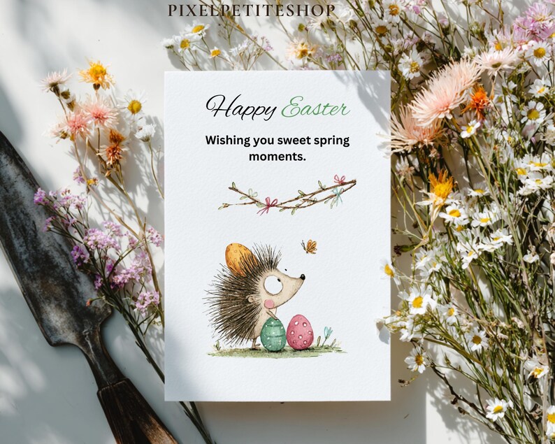 Pode incluir: Um cart&atilde;o de felicita&ccedil;&otilde;es de P&aacute;scoa com o texto "Happy Easter" e "Wishing you sweet spring moments." O cart&atilde;o apresenta uma ilustra&ccedil;&atilde;o em aquarela de um ouri&ccedil;o com dois ovos de P&aacute;scoa e uma borboleta. O cart&atilde;o &eacute; rodeado por flores.