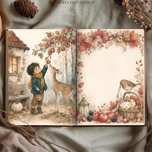 Op de afbeelding: Een open boek met aquarelillustraties. De linkerpagina toont een kind in een blauwe jas en gele sjaal dat een appel plukt bij een hert en een huisje. De rechterpagina toont een decoratieve rand van herfstbladeren, een roodborstje en een mand.