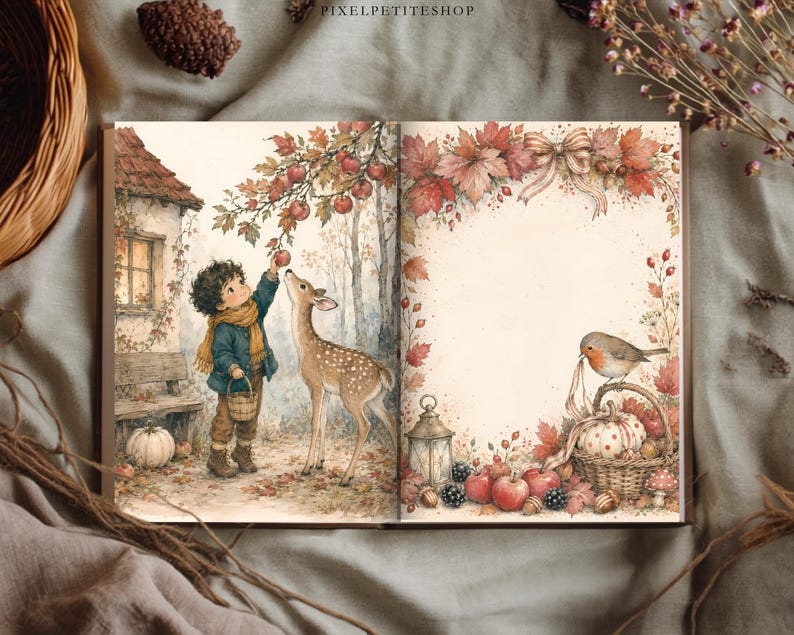 Op de afbeelding: Een open boek met aquarelillustraties. De linkerpagina toont een kind in een blauwe jas en gele sjaal dat een appel plukt bij een hert en een huisje. De rechterpagina toont een decoratieve rand van herfstbladeren, een roodborstje en een mand.