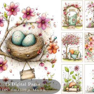 May include: A collection of watercolour digital art prints with a spring theme. The main image shows a bird's nest with two speckled eggs on a flowering branch. The text "25 Digital Pages" is visible, with dimensions of 21.59 x 27.94 cm.